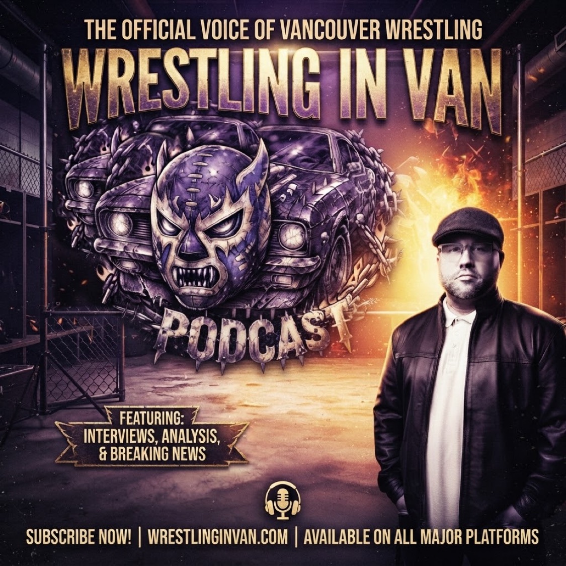 Wrestling in Van Podcast official promo poster featuring Mr Chinneck, a purple wrestling mask, muscle cars, and the title The Official Voice of Vancouver Wrestling
