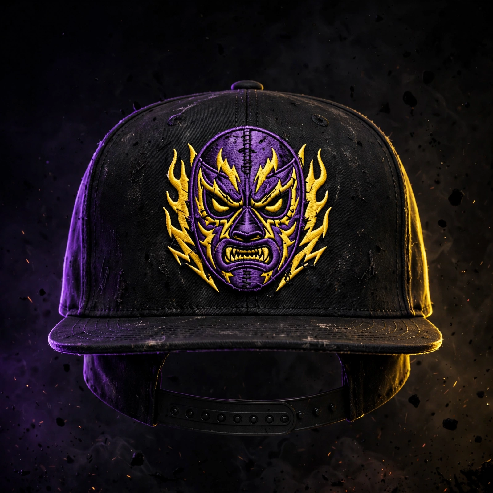 Black Wrestling in Van snapback with a purple and gold wrestling mask logo