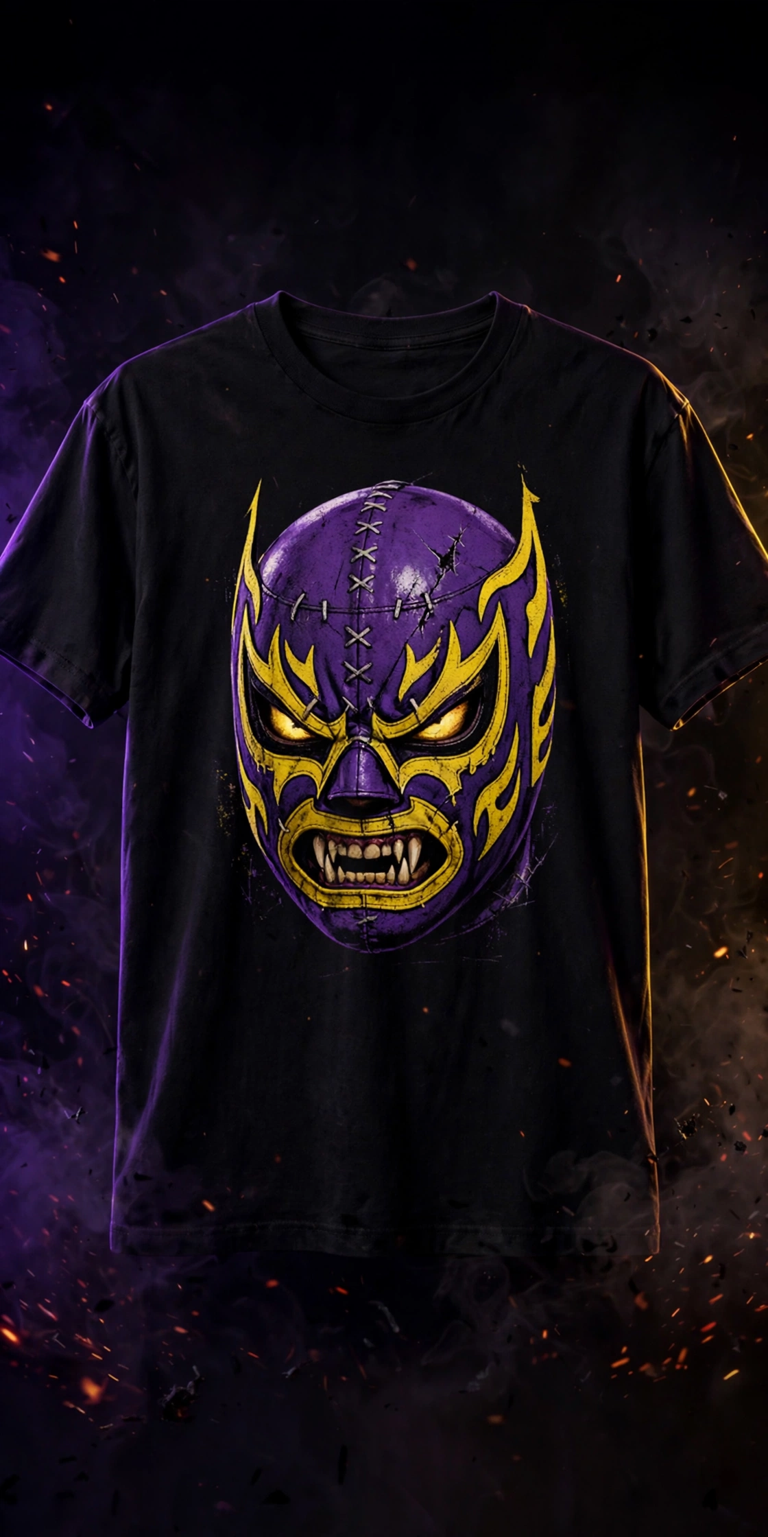 Black Wrestling in Van T-shirt with a large purple and gold wrestling mask logo